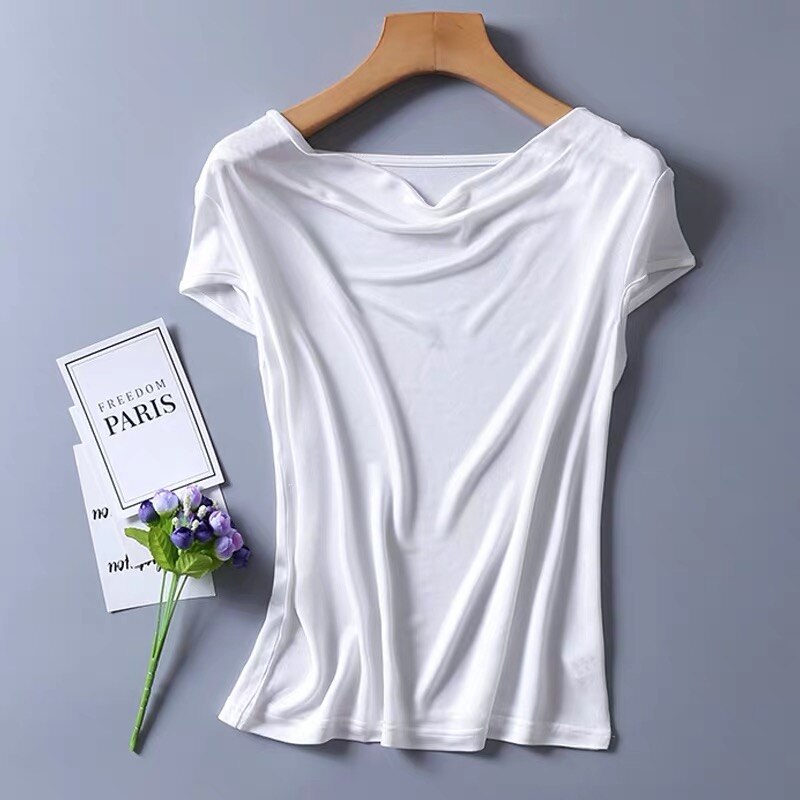 Dame #39 silke 50%  viskosestrik t-shirts s 50%  draperet halsudskæring top 8 farver m -2xl sj305: Xl / Hvid