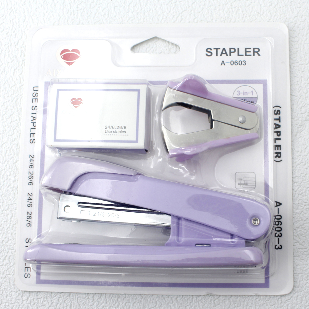 Stapler, staple remover, and staple set - a handy and stylish desktop stapler, perfect for home office use.: Lavender