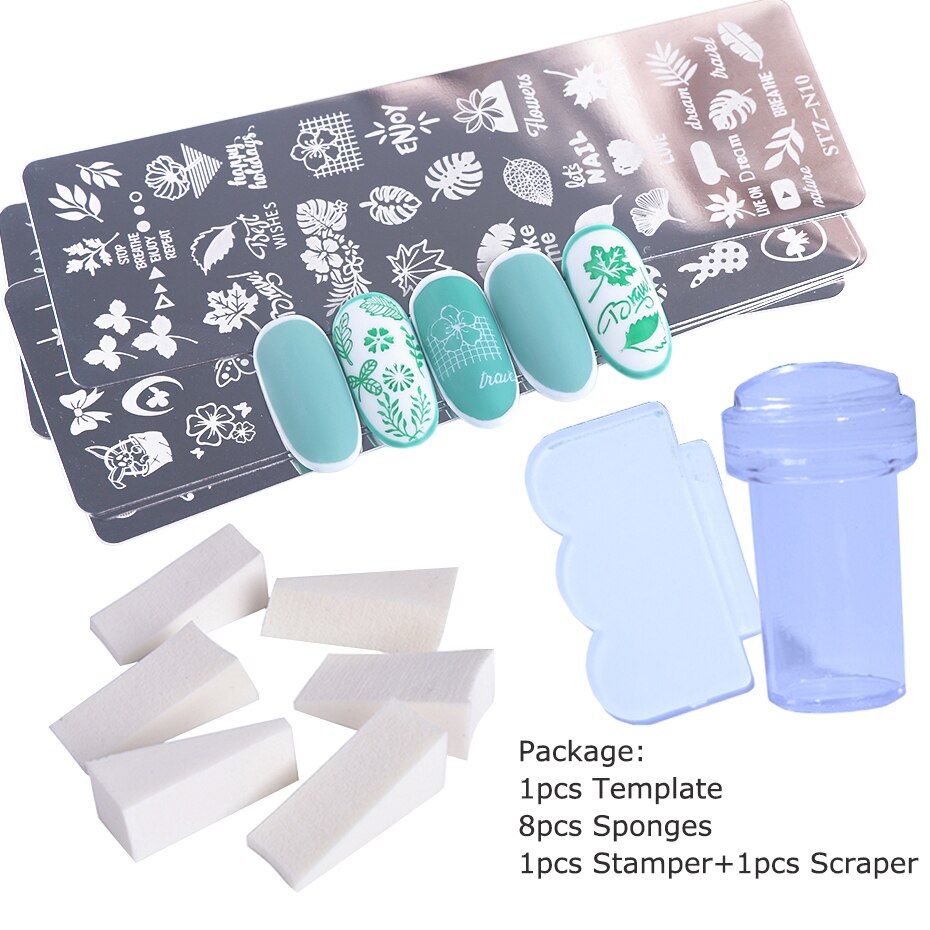 Pochoir pour ongles en dentelle, motifs de fleurs, papillons, feuilles, images d'animaux, tampons, grattoir, éponge, Kit d'outils BESTZN01-12