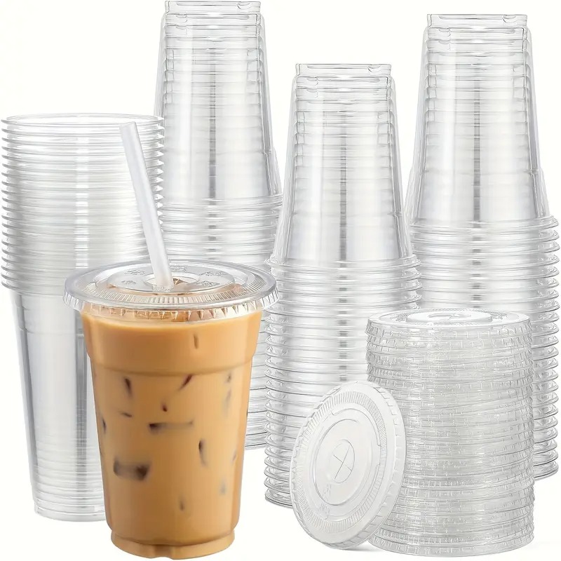 Engangs klare plastkopper med lokk til fruktjuice, melk, te, iskaffe, kalde drikker, iskrem, dessert, ta bort, festbruk