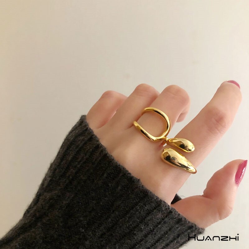 HUANZHI 2020 nowy modny kropla wody metal podwójna warstwa krzywa drążą nieregularne krzywa pierścień dla kobiet impreza modna biżuteria prezent