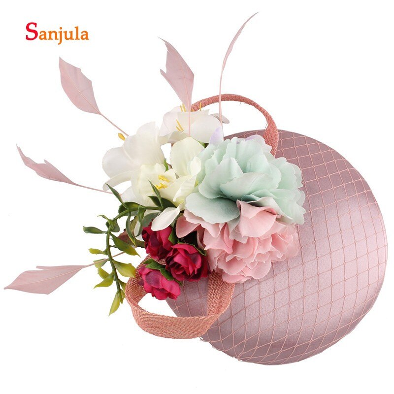 Satin hat til brudefjer håndlavede blomster bryllup hår tilbehør pink satin hat kvinder festtøj 396