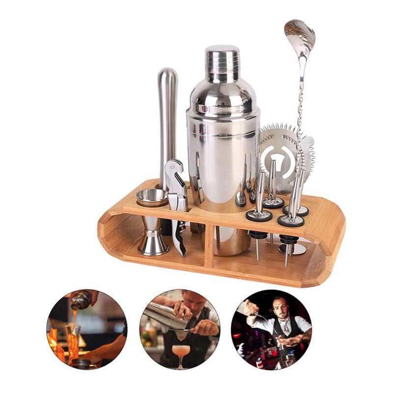 12Pcs/set 750ml Stainless Steel Cocktail Shaker Mixer Drink Bartender Kit Bars Set Tools With Wooden Stand for Home Bar Party