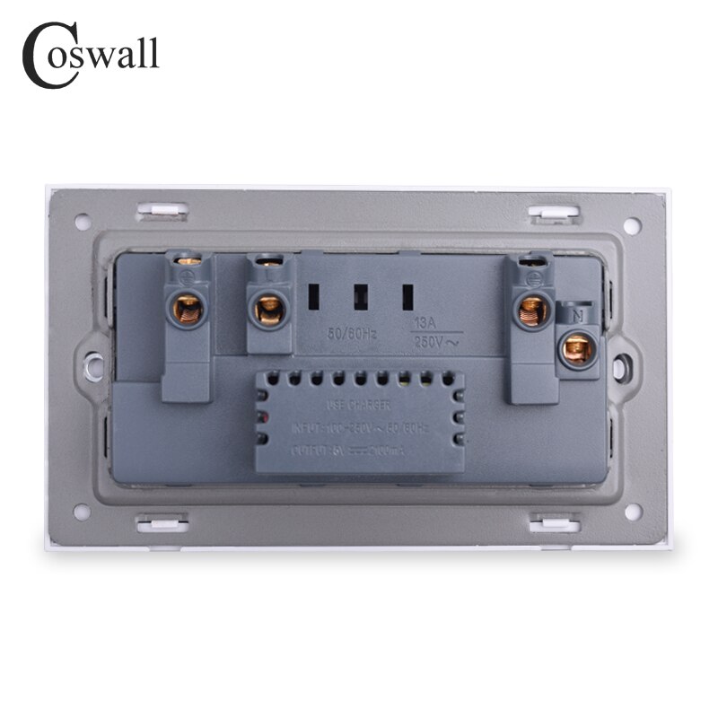 Coswall 13a universal switched socket 2 usb ladeport til mobil udgang 2.1a vægudtag grå farve pc panel
