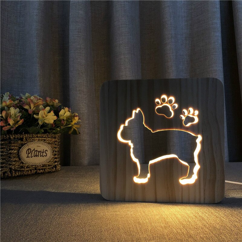 Led Creatieve Usb Nachtlampje Houten Hond Poot Kat Wolf Head Animal Lamp Novelty Kids Slaapkamer 3D Decoratie Tafellamp kinderen Gif
