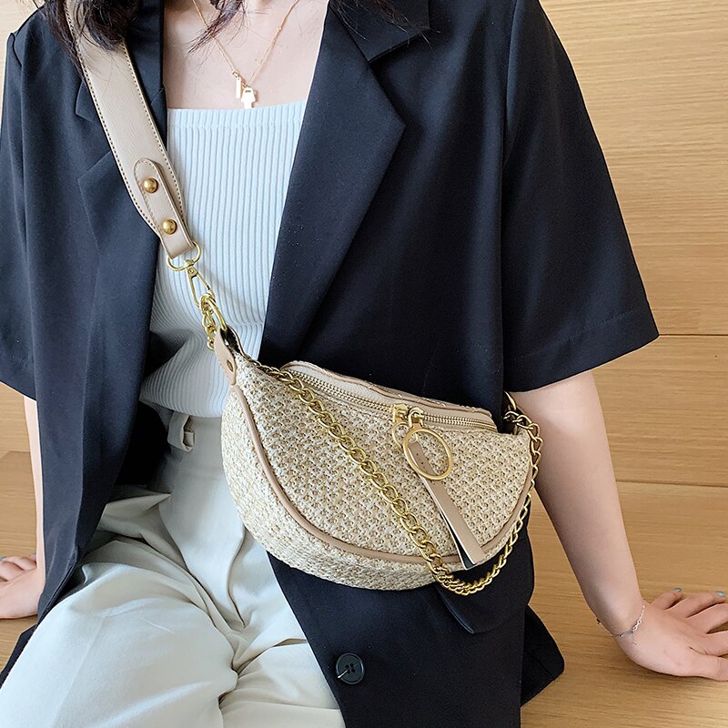 Chain Shoulder Messenger Bag Travel Chest bag Straw Crossbody bag Summer Women's Handbag