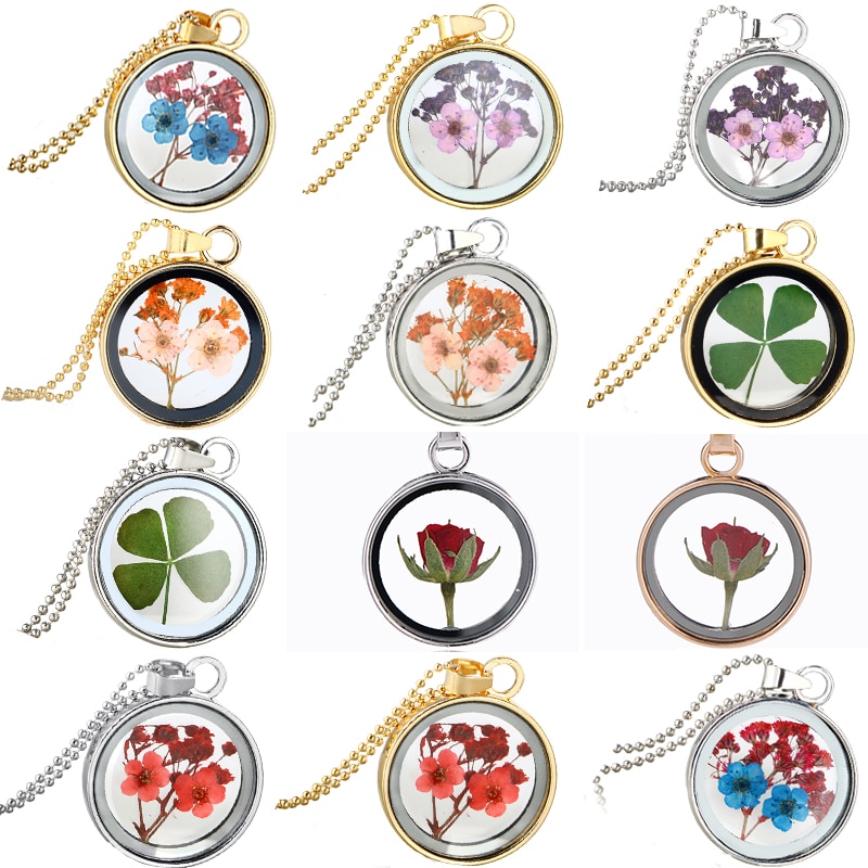 Pendientes medallones flotantes de cristal de rosas secas collares para mujeres flores secas collar de cadenas colgantes gargantilla joyería Souvenir