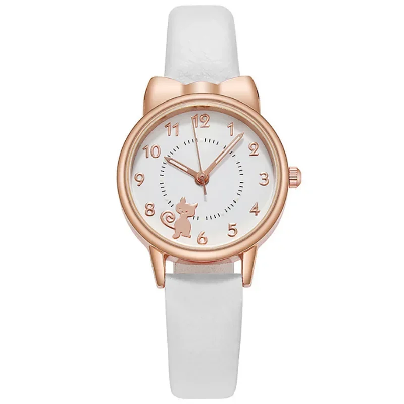 2024 Kinderen Horloge Kat Quartz Horloges Klokken Meisjes Leuke Cartoon Horloge Lichtgevende Pointer Kinderen Horloges voor Vrouwen Relogio: WHITE