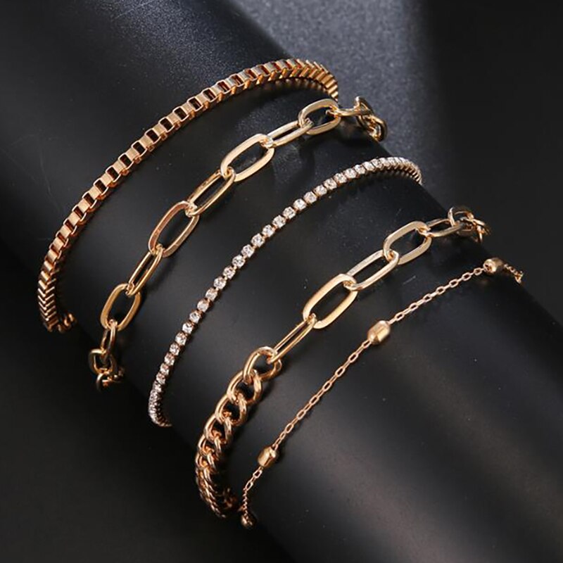 VKME 5 Teile/satz Punk Gold Kristall Dicke Kette Armbänder einstellen Für Frauen Böhmischen Geometrische Kette Ot Schnalle Armbinde einstellen Schmuck: KME0642