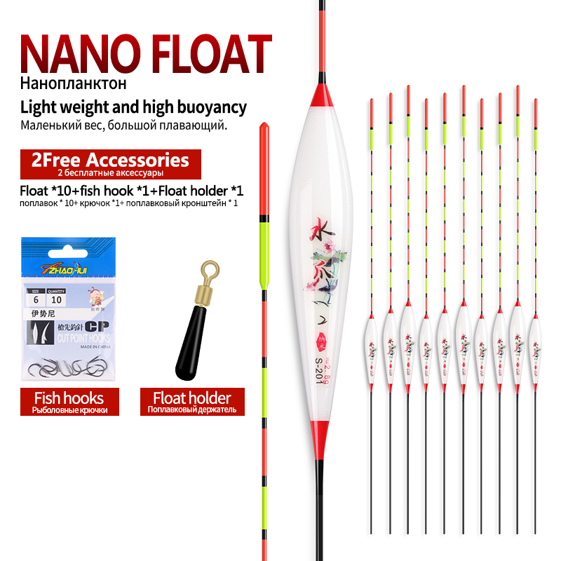 10 st fiskeflöten +1 påskrokar +1 bojstöd vertikal fiskeboj grunt vattenflöten komposit nano fiskeverktyg tillbehör