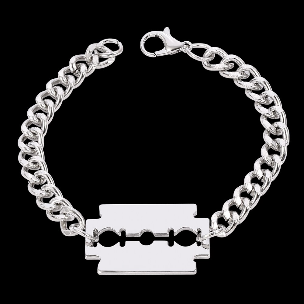 Punk Hip Hop Razor Blades Shaped Pendant Bracelet Men Silver Color Miami Curb Thick Choker Bracelet Jewelry Husband