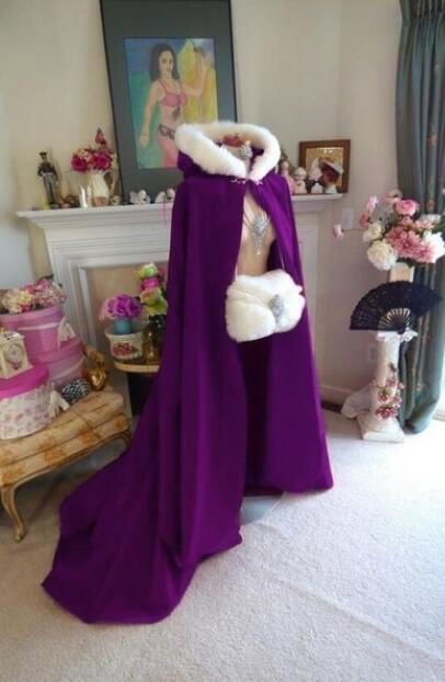 Capa con capucha de invierno, piel sintética, satén, mantos de novia, chaqueta de boda, abrigo largo: Purple