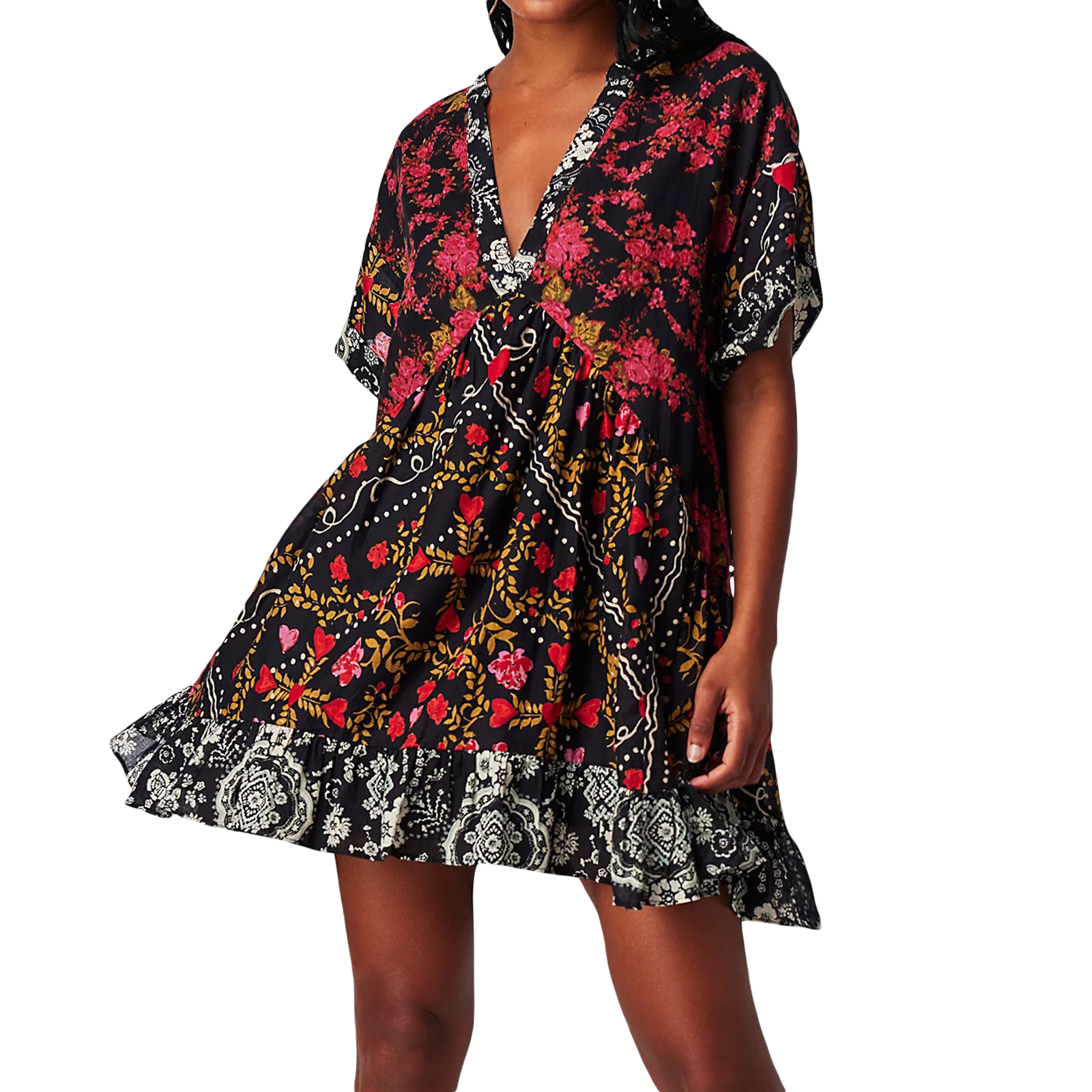 Kvinners sommer babydoll-kjole bohemsk blomstertrykk kortermet v-hals flagrende kjole med lommer fritids-retro: L / Svart