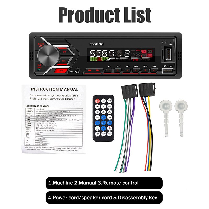 ESSGOO 1 DIN Radio RDS AM FM Car Stereo MP3 Player... – Grandado