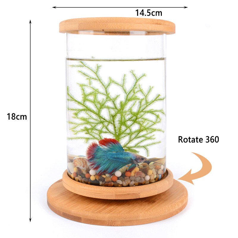 Viskom van massief hout, kan 360 graden draaien, klein aquarium, goudvis, betta, aquariumdecoratie