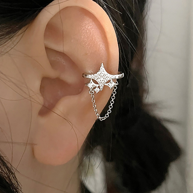 Pendiente de cadena de borla larga para mujer, Clip de oreja Y2k sin agujero, cartílago Orbital Kpop, manguito de oreja sin Piercing, joyería INS, 1PC: Chapado en oro antiguo