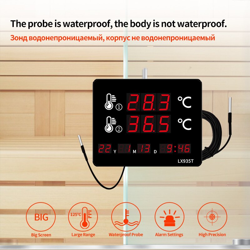 LED Digital Sauna Thermometer Wall-mounted Time and Alarm Function Swimming Pool Thermometer With Dual Waterproof Probe