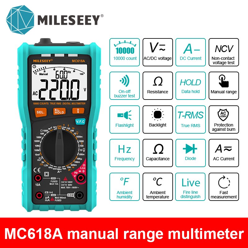 Mileseey Ncv Multimeter Digitale Klem 1000 Telt Fout Alarm Voltage Capaciteit Ohm Diode Multimetro Auto Range Multimeter: MC618A