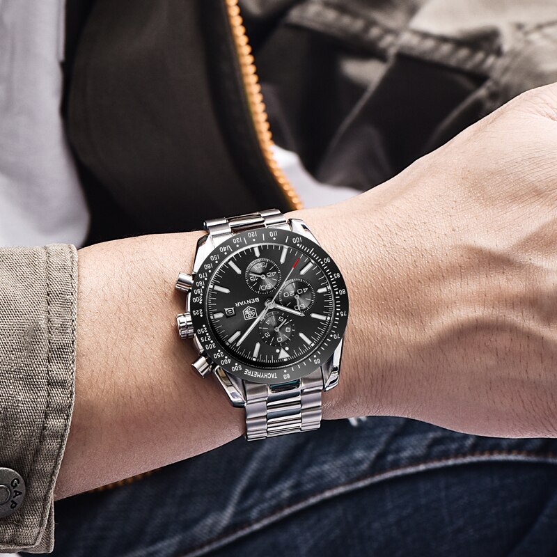 Reloj BENYAR para hombre, reloj de cuarzo de acero completo para negocios, reloj de de lujo informal resistente al agua para hombre, relojes deportivos masculinos con cronógrafo
