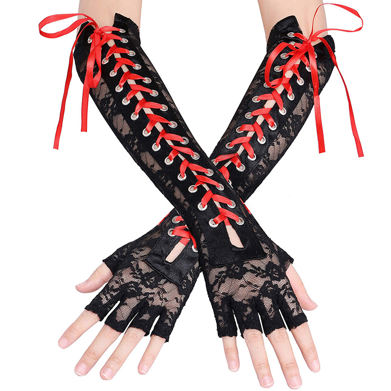 1Pair Women Gothic Long Glove Fingerless Black Punk Hip Pop Half-Finger Mittens Clubwear Dance Cosplay Party Arm Sleeve