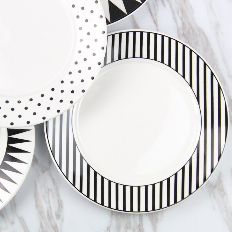 Assiette plate à figures géométriques, style simple, plat à salade, plateau à nourriture en céramique, assiette à pâtes, vaisselle, plat à petit-déjeuner, noir et blanc