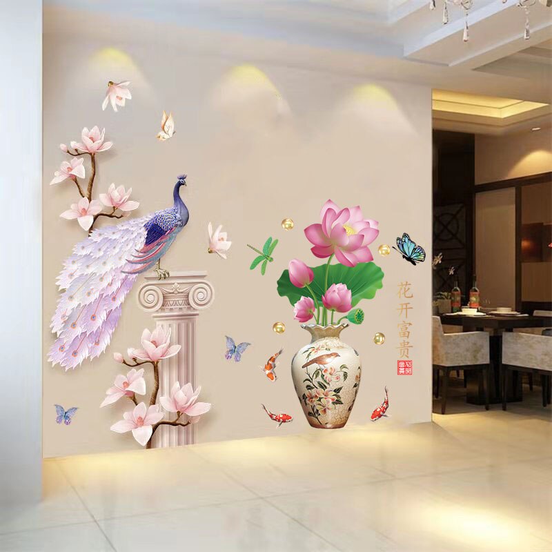 Chinese Style 3D Peacock Wall Stickers Large Bottle Flowers Vinyl Living Room Hallway Bedroom Home Decor Decoration Poster