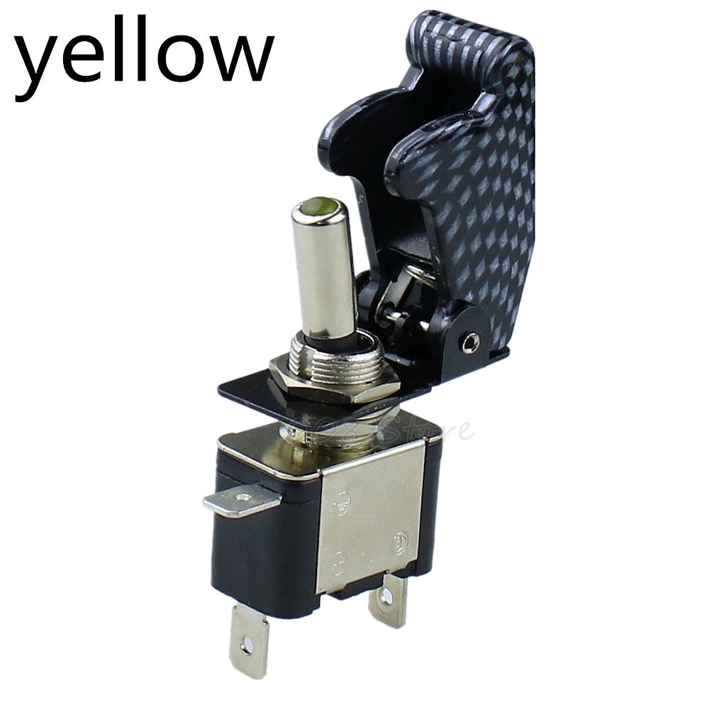 illuminated LED Toggle Switch With Missile Style Flick Cover 12V Car Dash: XW carbom LED YELLOW
