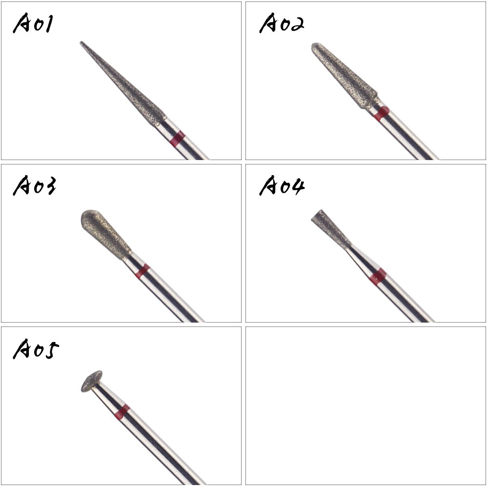 5 typer diamant spiker borkrone roterende burr kutikula rene elektriske biter til manikyr bor tilbehør spiker fres kutter  a01-a05