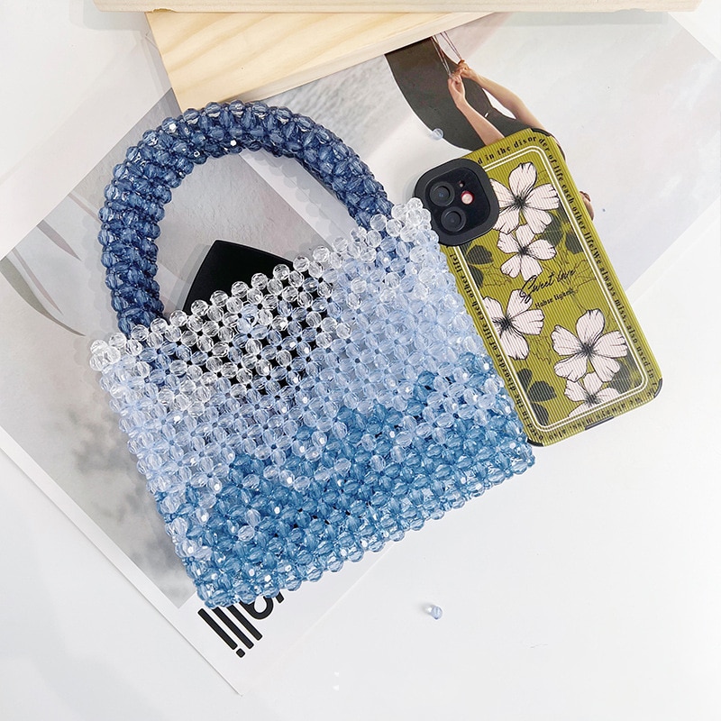 Gradiënt Blauw Kralen Portemonnees En Handtassen Lange Riem Hand Geweven Kralen Crossbody Tassen Voor Vrouwen Blauw Mode Portemonnees Crossbody