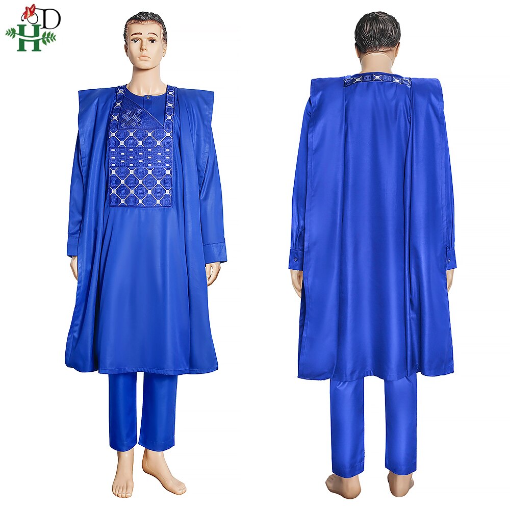 H&amp;D 3 PCS Set Agbada African Clothes For Men Long Sleeve Shirt Pants Robes Suit Ankara Dashiki Embroidery Boubou Tenue Africaine