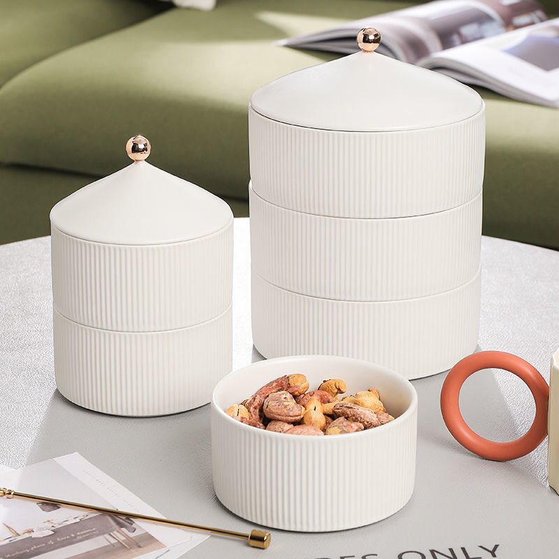 Nordic White Ceramic Bowl with Cover Fruit Snacks Cookies Food Storage Container Serving Dishes Sealed Fresh Keeping Salad Bowls