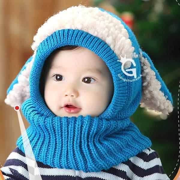 Winter Baby Hat and Scarf Joint With Dog Style Crochet Knitted Caps for Infant Boys Girls Children Kids Neck Warmer: Blue
