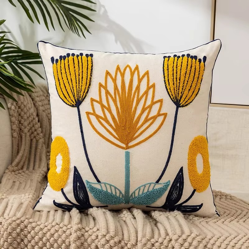 45X45CM Bloem Geborduurde Sierkussen Cover Plant Handdoek Moderne Stempelen Taille Kussenhoes Decor Home Decoratieve kussensloop: YELLOW