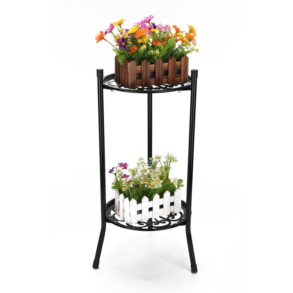 Soporte para maceta, accesorio negro/blanco de 2 niveles, exhibición , jardín, maceta para flores de balcón, estante de soporte, decoración de interior para el hogar