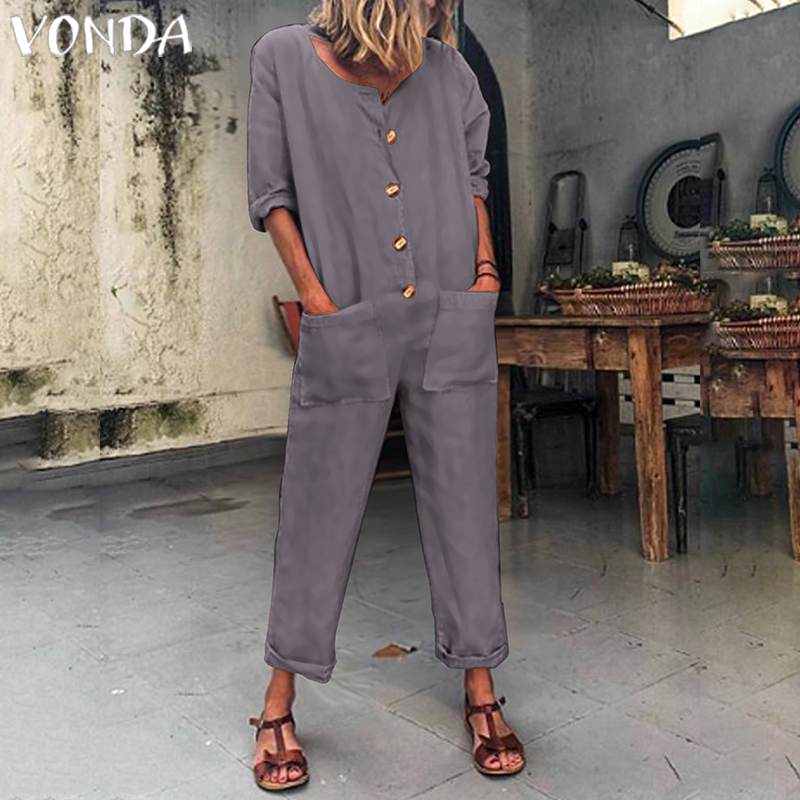 Vonda kvinna höst bomullsbyxor dam jumpsuits knapp kontor dam playsuit casual lösa pantalon plus size byxor