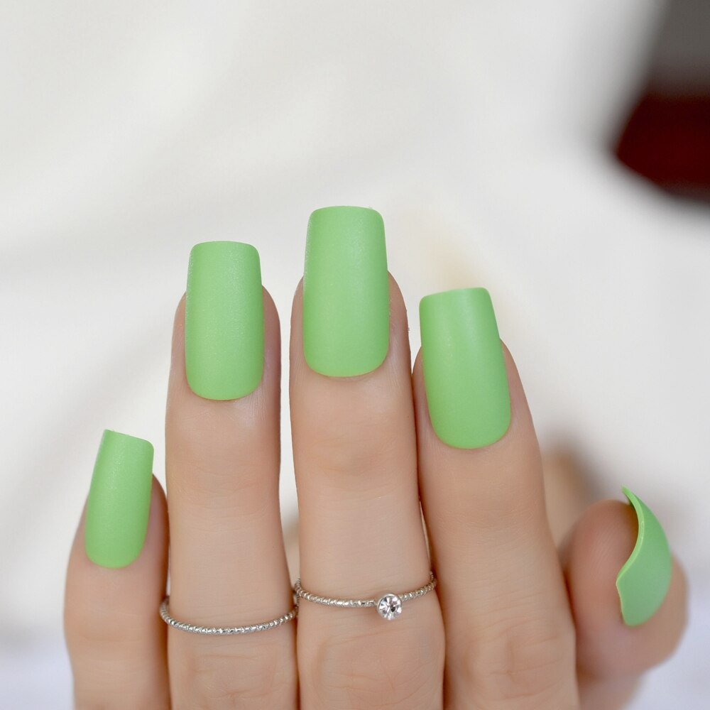Uñas postizas instantáneas esmeriladas, uñas artísticas cuadradas verdes mate, DIY, puntas de uñas artificiales de medio-largo para mujer a elegir