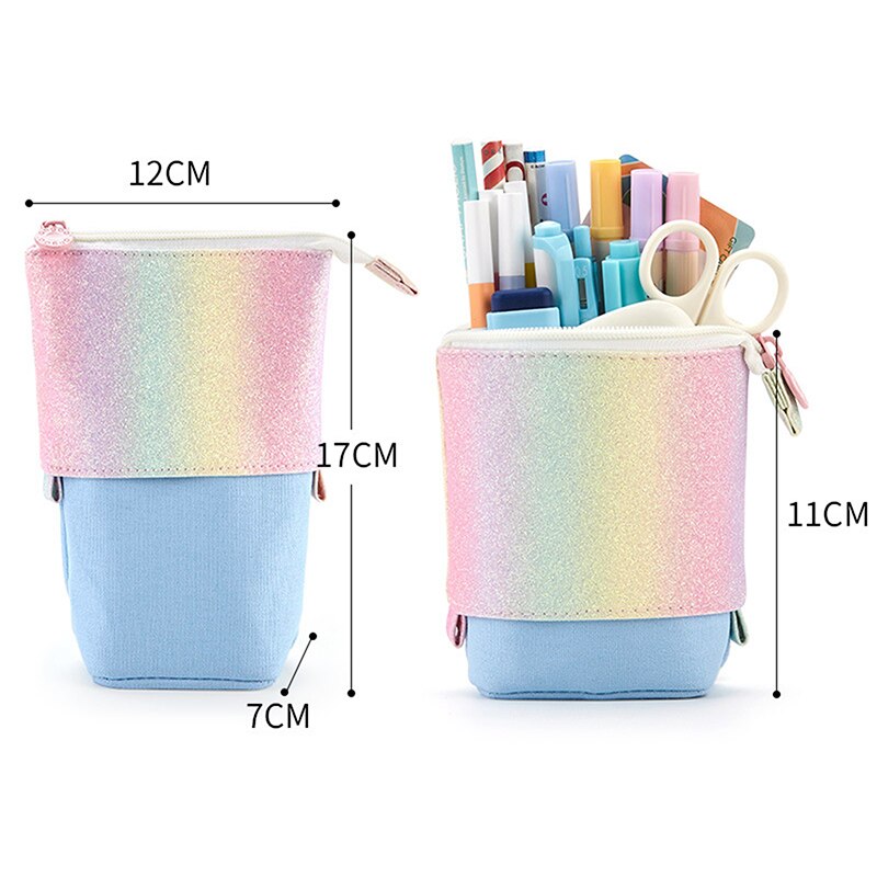 Retractable Pencil Case Sequins Rainbow Large Capacity Multi Pockets School Stationery Bag Pen Case Canvas Pen Holder