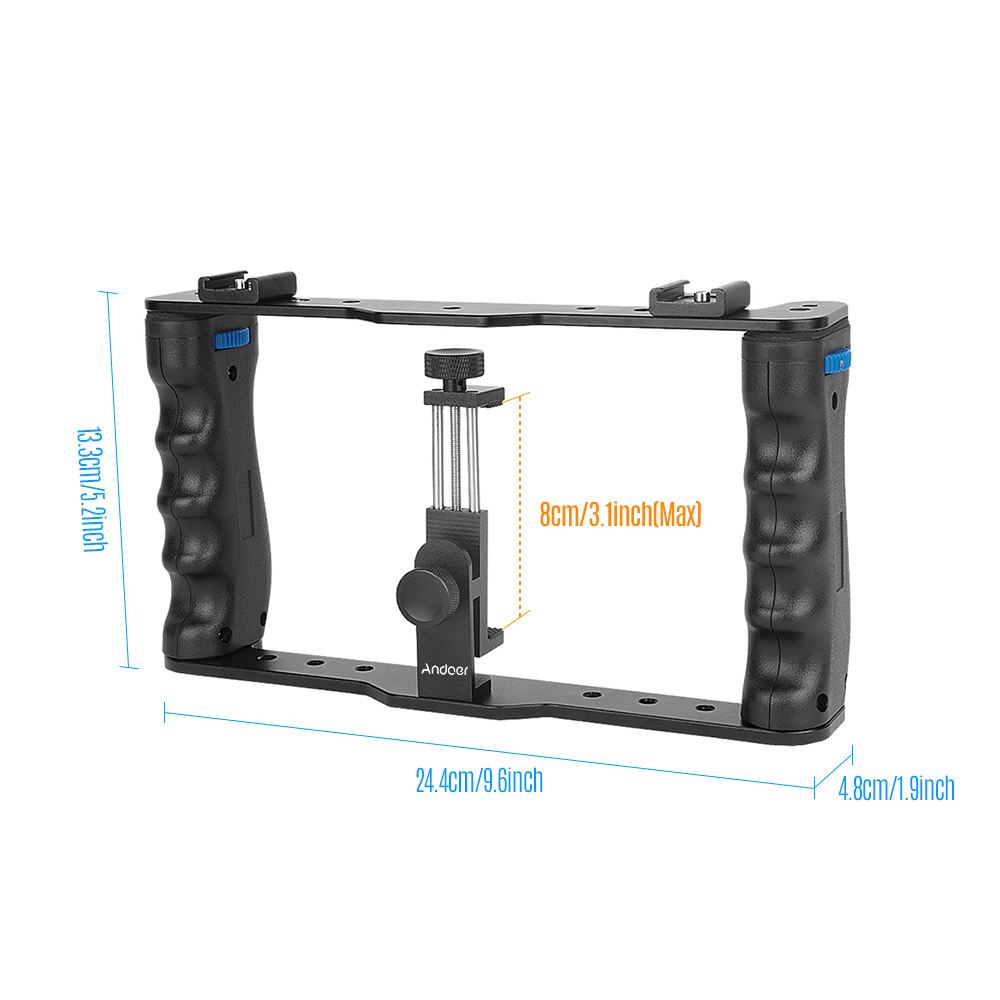 Andoer Handheld Fotografische Beugel Houder Kooi Rig DIY Telefoon Video Stabilizer met Telefoon Klem 1/4 "Schroef Mount Koud schoen