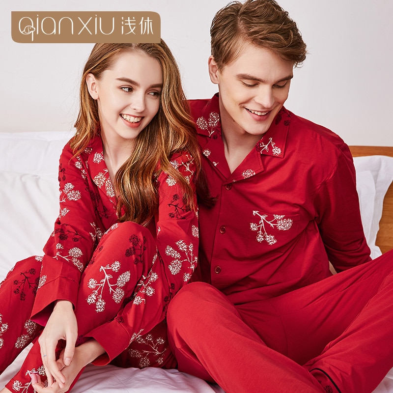 Qianxiu efterår modelparret pyjamassæt til mænd 95%  bomuld festlig rød og julefarve 18142