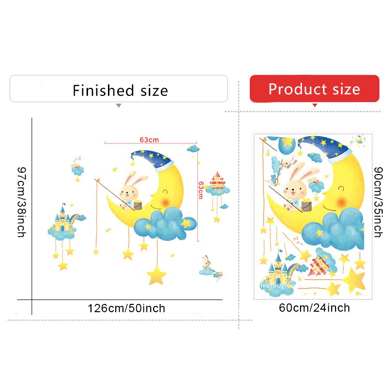 Muurstickers met een cartoon maan en konijn voor kinderkamers, babykamer, kinderkamerdecoratie, zelfklevende vinyl muurstickers, huisdecoratie