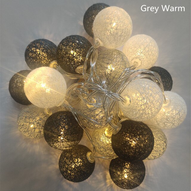 Guirnalda de bolas de algodón para decoración navideña, 20 luces LED de 2,2 M, 3,5 CM de diámetro, lámpara de cama para casa, de boda y vacaciones: Grey warm / By Battery