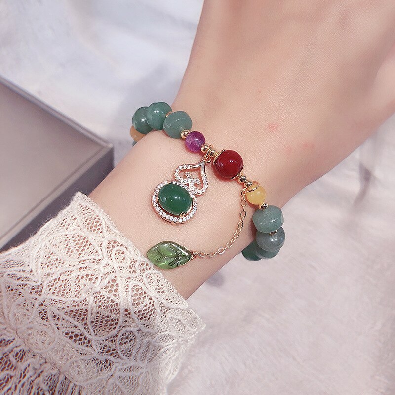 Natural Agate Beaded bracelet For Women Gourd Leaf Pendant Bracelets &amp; Bangles Bijoux Women Cinnabar Jade Fine Lucky Jewelry