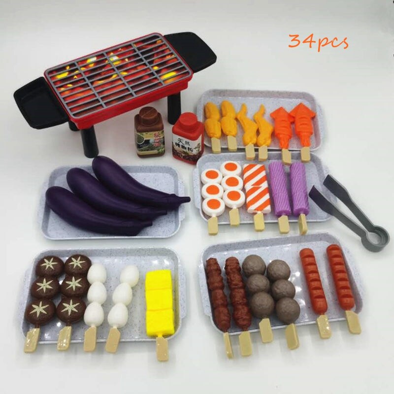 Pretend Food Simulation BBQ Miniature Black BBQ Grill Garden Outdoor Accessory For Doll House Kitchen Decoration Toys: 34pcs