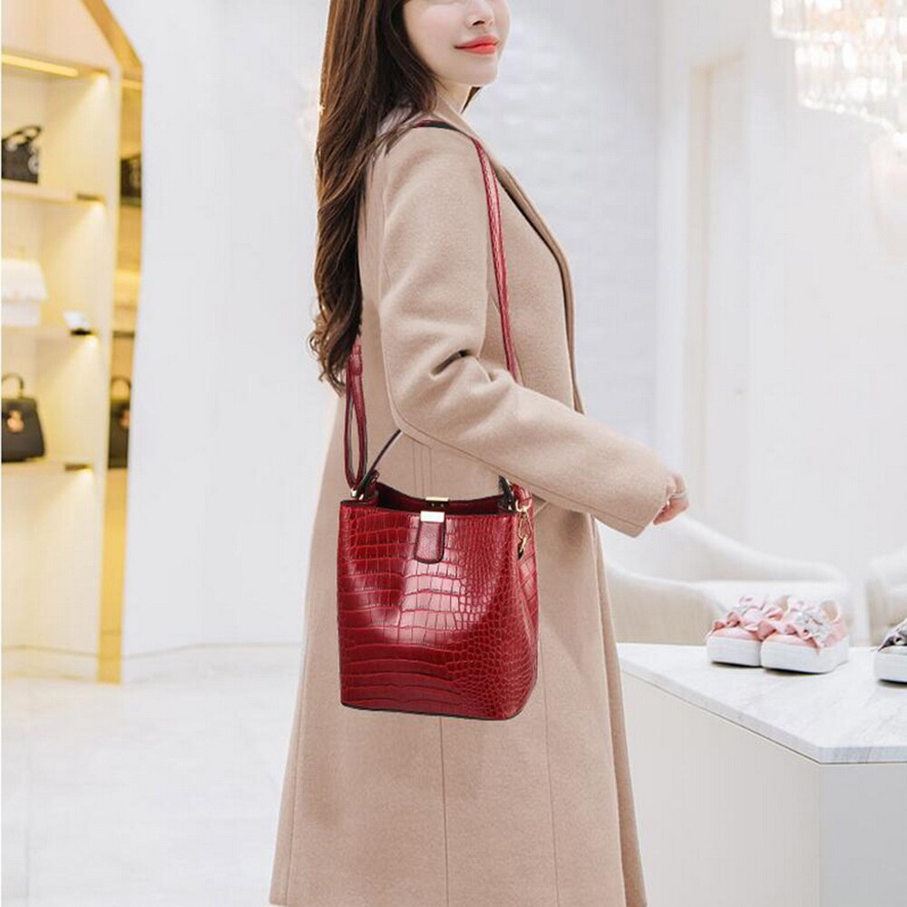 Retro jacaré balde sacos mulheres crocodilo padrão bolsa capacidade ocasional crocodilo ombro mensageiro saco das senhoras bolsa do plutônio
