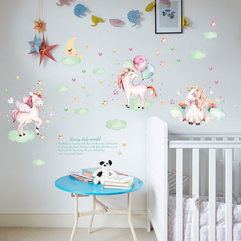 Cartoon Sprookje Dieren Eenhoorn Paard Ballon Wolken Muurstickers DIY Vinyl Decals Kids Kamers Baby Slaapkamer Deur Decoratie