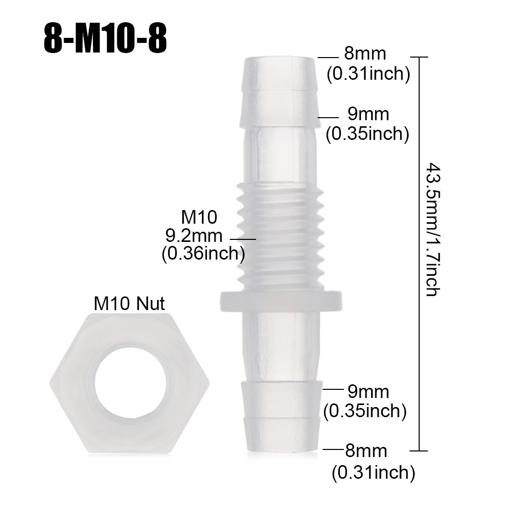 5pcs M6~M10 Thread Hex Nut PP Straight Garden Water Connectors Aquarium Fish Tank Adapter Air Pump Hose Fittings Pagoda Joints: 8-M10-8