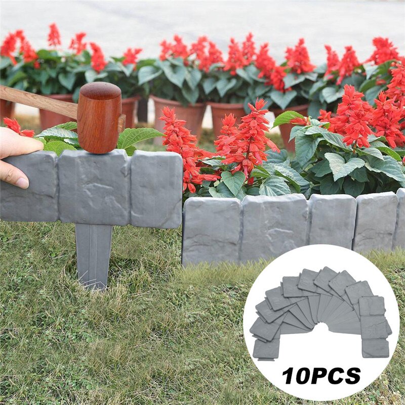 10Pcs Grey Garden Fence Edging Cobbled Stone Effect Plastic Lawn Edging Plant Border Decorations Flower Bed Border
