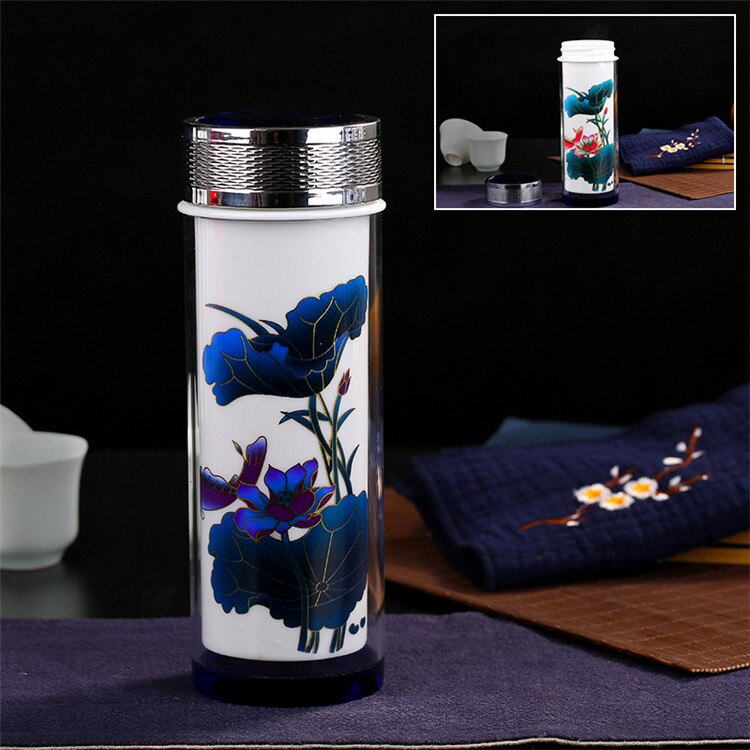 Vintage kinesisk färgförändring glaskeramik termos retro blå vit porslin termos termokopp vakuumkolv tekopp: Blomma lotus