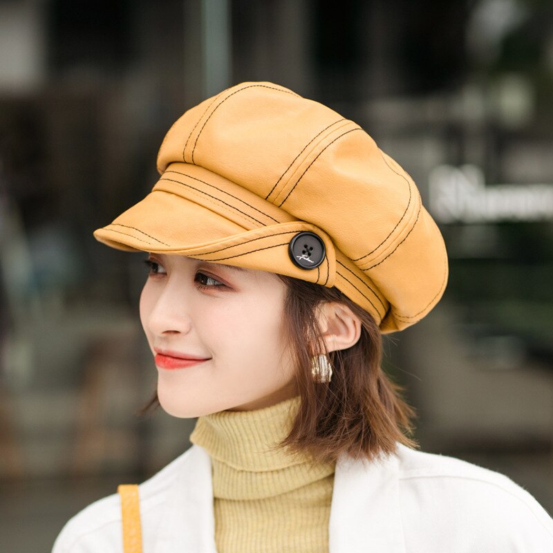 Caluriri Neue Winter PU Hut Leder Taste Achteckigen Hut Wilden Literarischen Britischen Retro PU Baskenmütze Hut PU Maler Hut: YELLOW