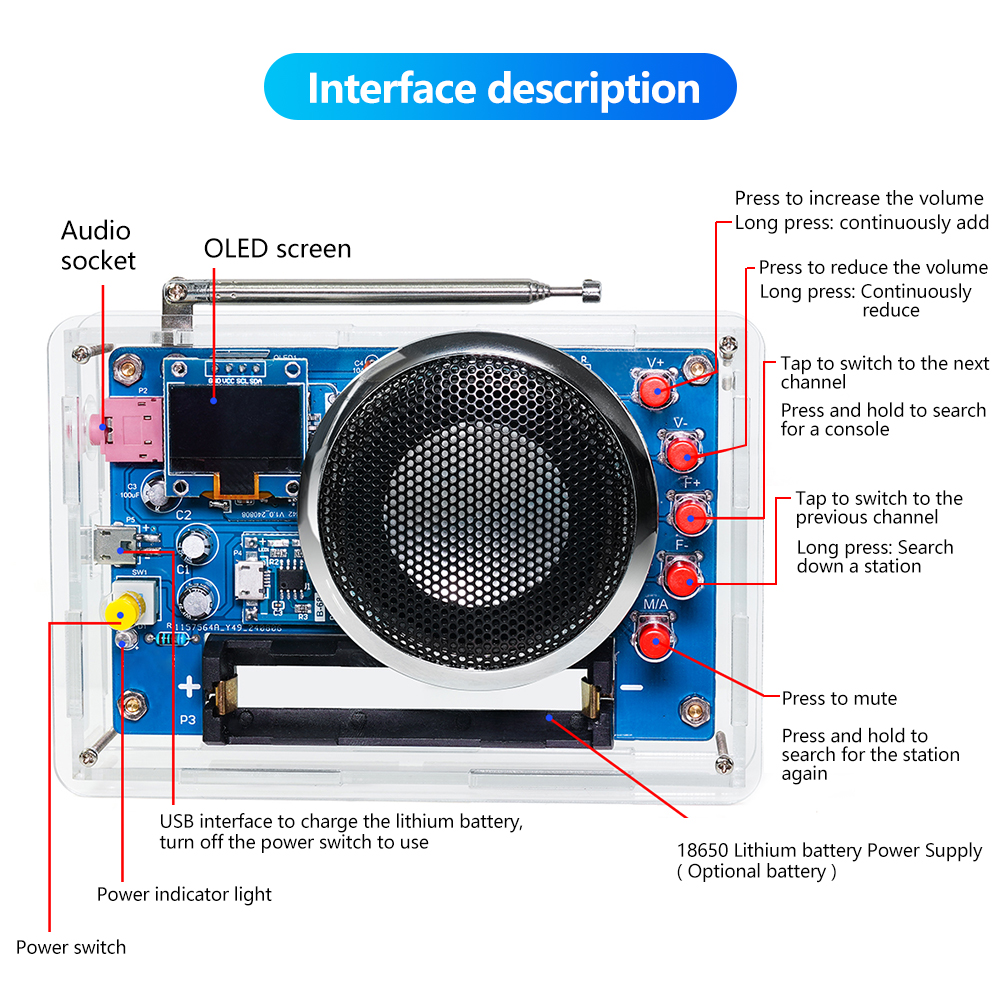 Multifunktions-FM-Radio-DIY-Kit RDA5807 Funkmodul 87–108 MHz, einstellbare Frequenz, Radio zum Selbermachen mit OLED-Display, kabelloses Empfangen